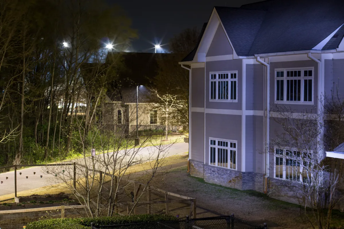 A shingled school building lit from below at night, its windows glowing above a quiet campus road