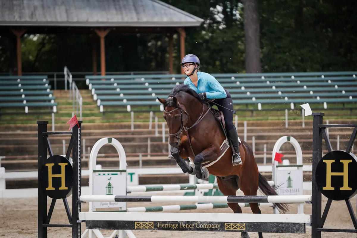 A horse and rider clearing a jump in an outdoor show arena
