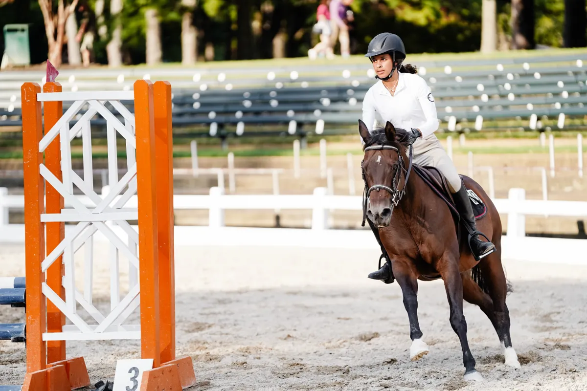 A rider in a white shirt turning a bay horse toward an orange jump