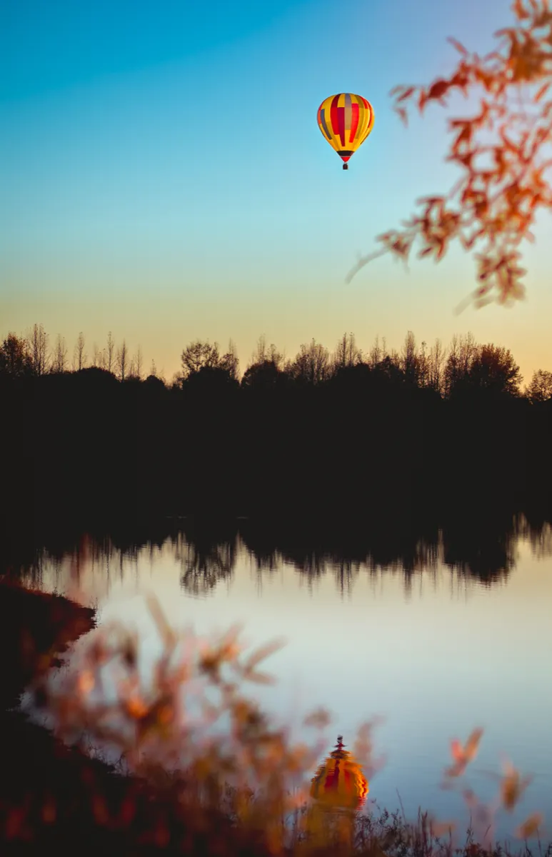 A hot air balloon drifting above a still lake at dawn, framed by autumn branches